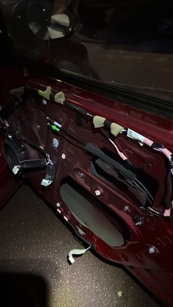 Interior view of a car door panel showing wiring and components.